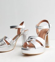 New Look Silver Metallic Faux Croc Platform Block Heel Sandals